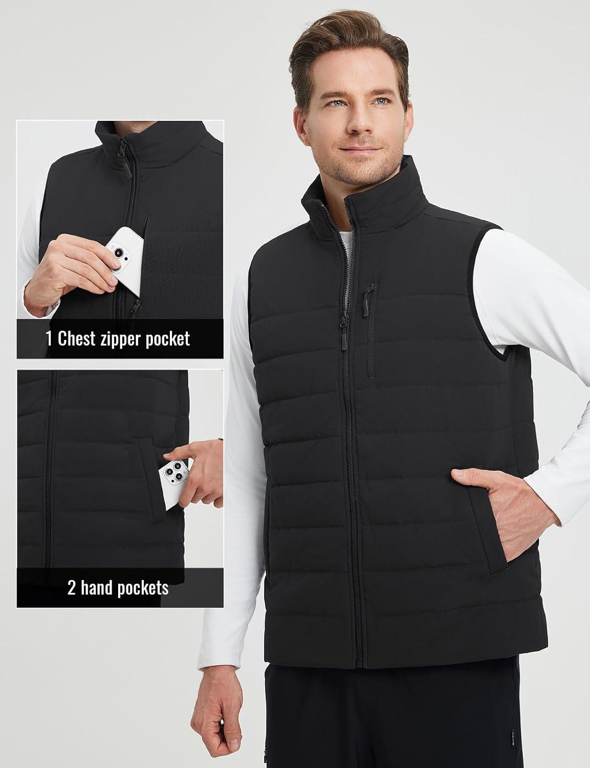 imagebaleaf Mens Puffer Vest Lightweight Warm Outerwear Zip Up Fleece Winter Sleeveless Pockets Jacket Hiking Golf RunningBlack