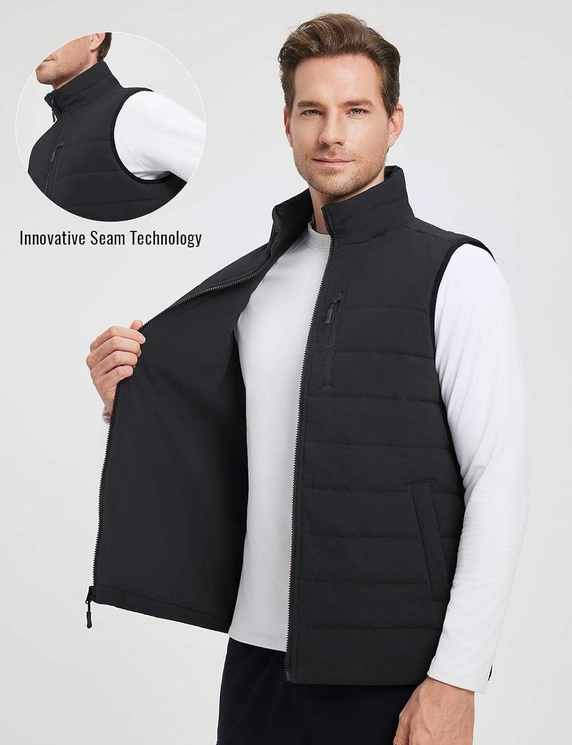 imagebaleaf Mens Puffer Vest Lightweight Warm Outerwear Zip Up Fleece Winter Sleeveless Pockets Jacket Hiking Golf RunningBlack