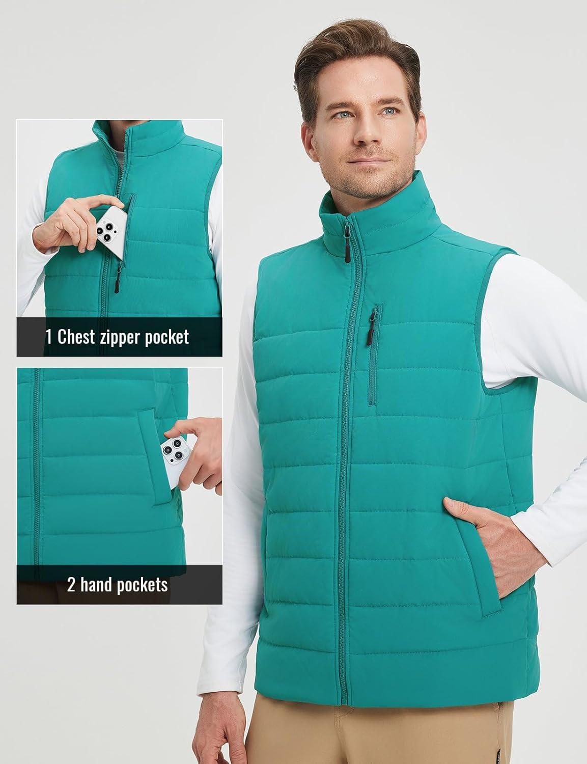 imagebaleaf Mens Puffer Vest Lightweight Warm Outerwear Zip Up Fleece Winter Sleeveless Pockets Jacket Hiking Golf RunningGreen