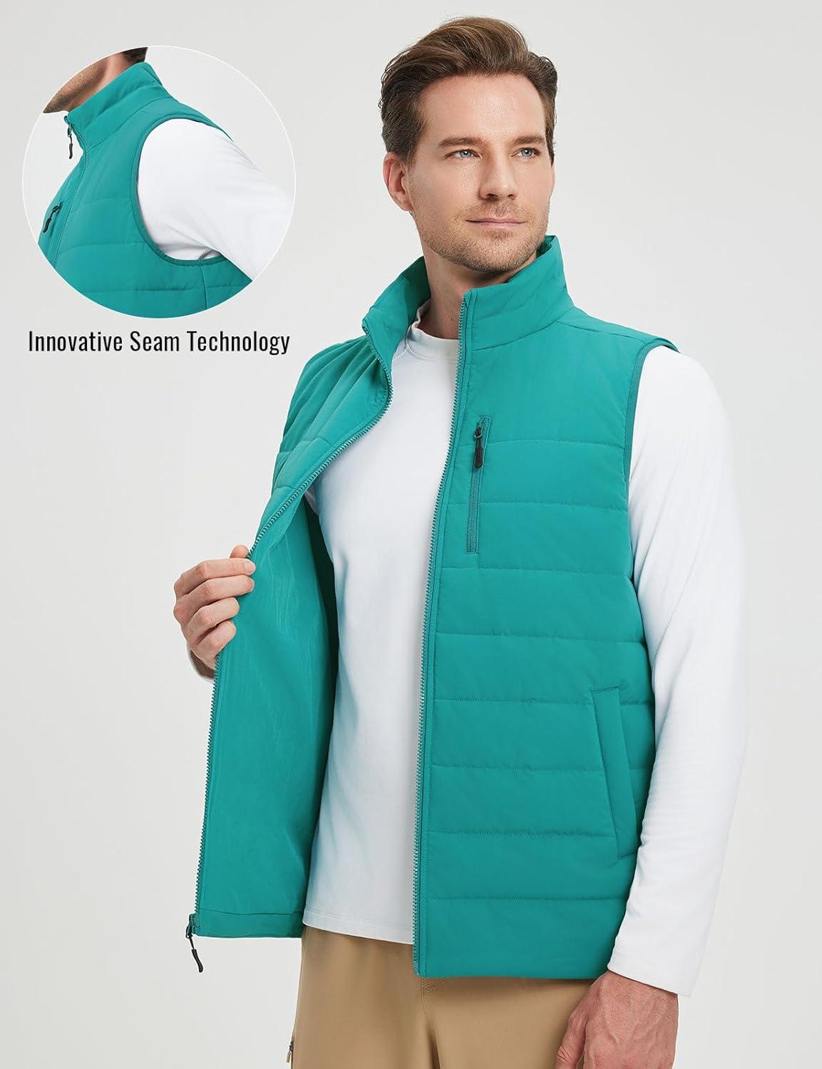 imagebaleaf Mens Puffer Vest Lightweight Warm Outerwear Zip Up Fleece Winter Sleeveless Pockets Jacket Hiking Golf RunningGreen