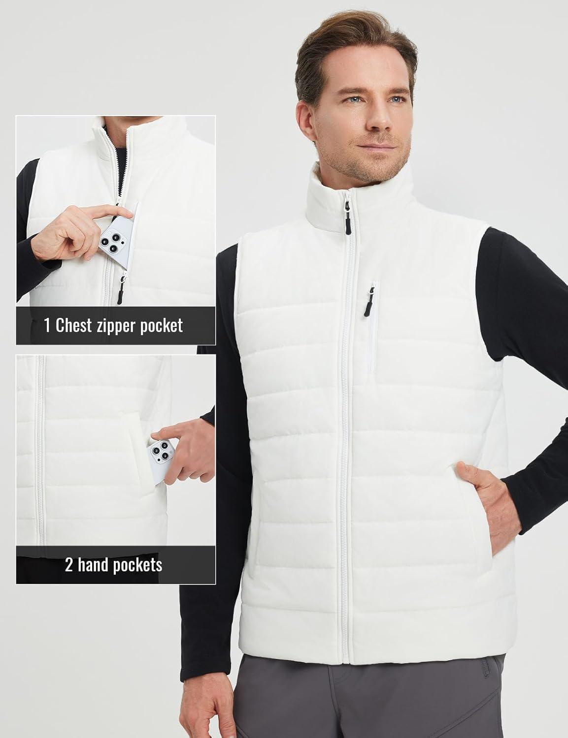 imagebaleaf Mens Puffer Vest Lightweight Warm Outerwear Zip Up Fleece Winter Sleeveless Pockets Jacket Hiking Golf RunningWhite