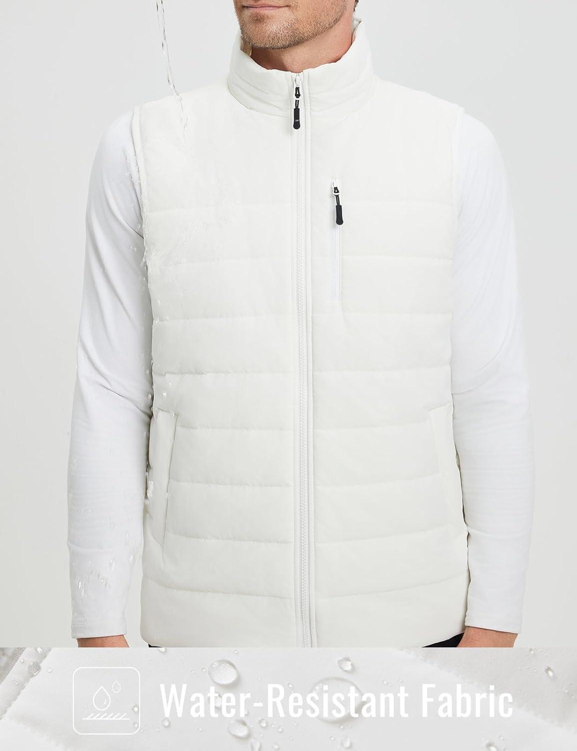 imagebaleaf Mens Puffer Vest Lightweight Warm Outerwear Zip Up Fleece Winter Sleeveless Pockets Jacket Hiking Golf RunningWhite