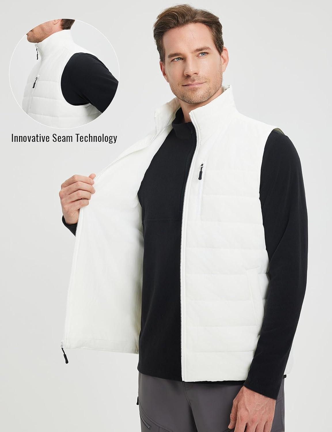 imagebaleaf Mens Puffer Vest Lightweight Warm Outerwear Zip Up Fleece Winter Sleeveless Pockets Jacket Hiking Golf RunningWhite