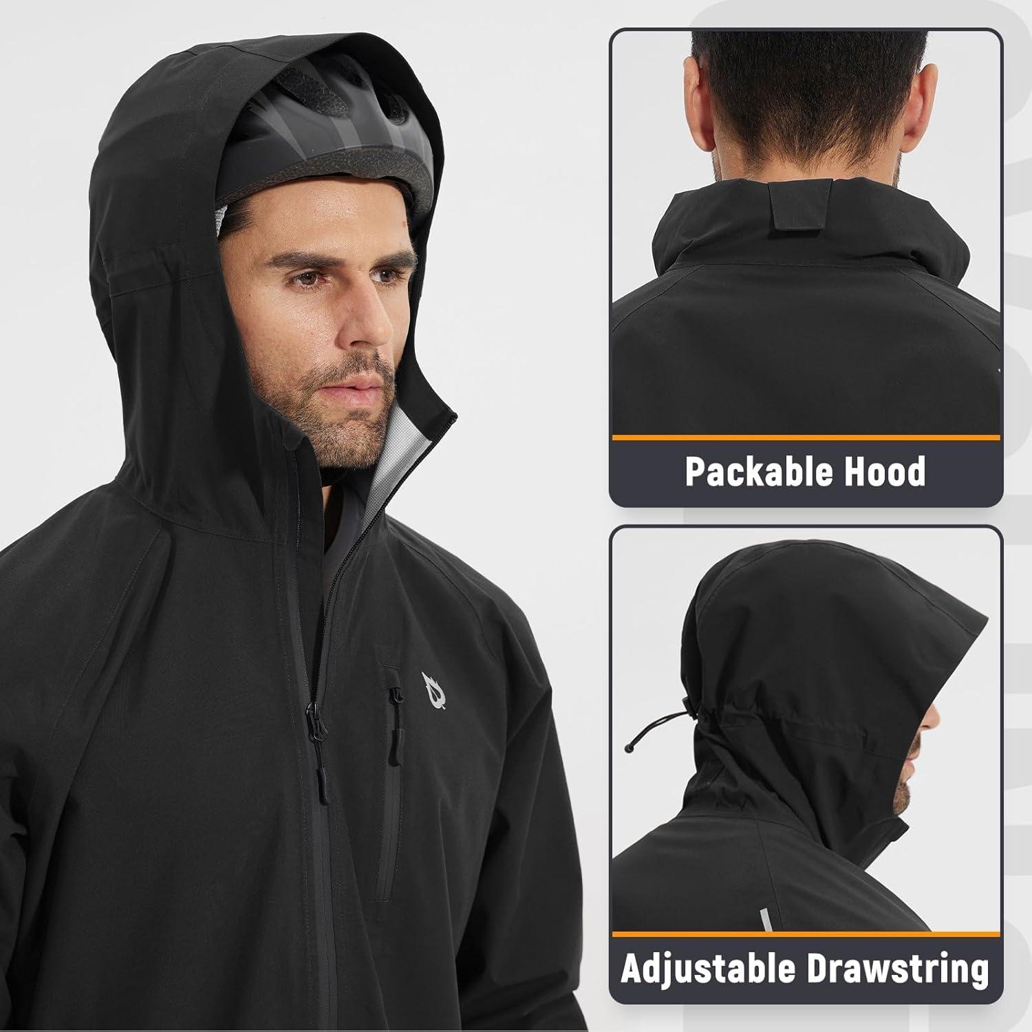 imagebaleaf Mens Rain Jacket Waterproof Windbreaker Raincoat Running Cycling Hiking Gear Hood Lightweight Reflective PackableBlack