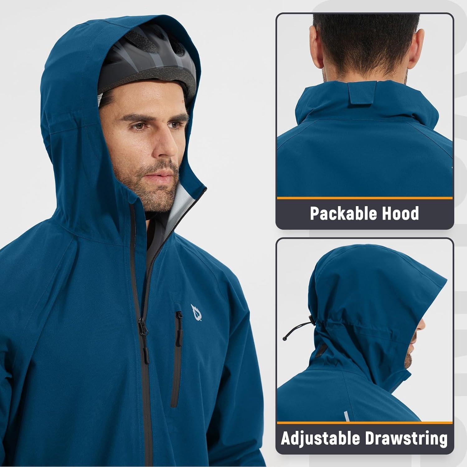 imagebaleaf Mens Rain Jacket Waterproof Windbreaker Raincoat Running Cycling Hiking Gear Hood Lightweight Reflective PackableBlue