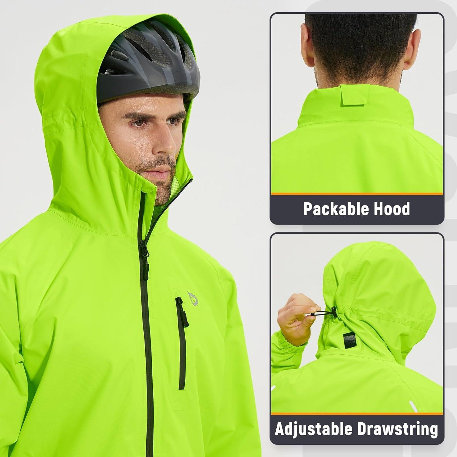 imagebaleaf Mens Rain Jacket Waterproof Windbreaker Raincoat Running Cycling Hiking Gear Hood Lightweight Reflective PackableFluorescent Green