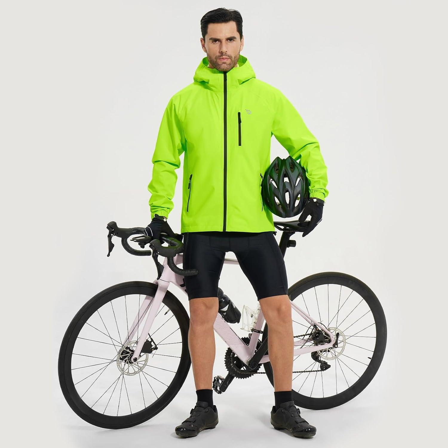 imagebaleaf Mens Rain Jacket Waterproof Windbreaker Raincoat Running Cycling Hiking Gear Hood Lightweight Reflective PackableFluorescent Green