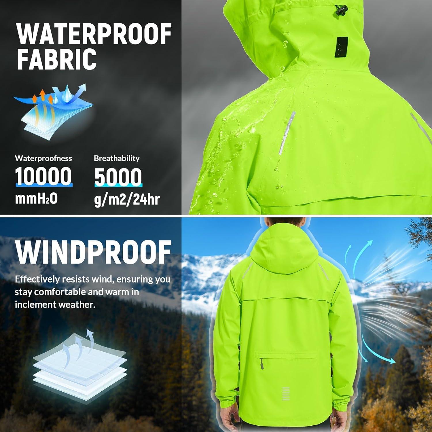 imagebaleaf Mens Rain Jacket Waterproof Windbreaker Raincoat Running Cycling Hiking Gear Hood Lightweight Reflective PackableFluorescent Green