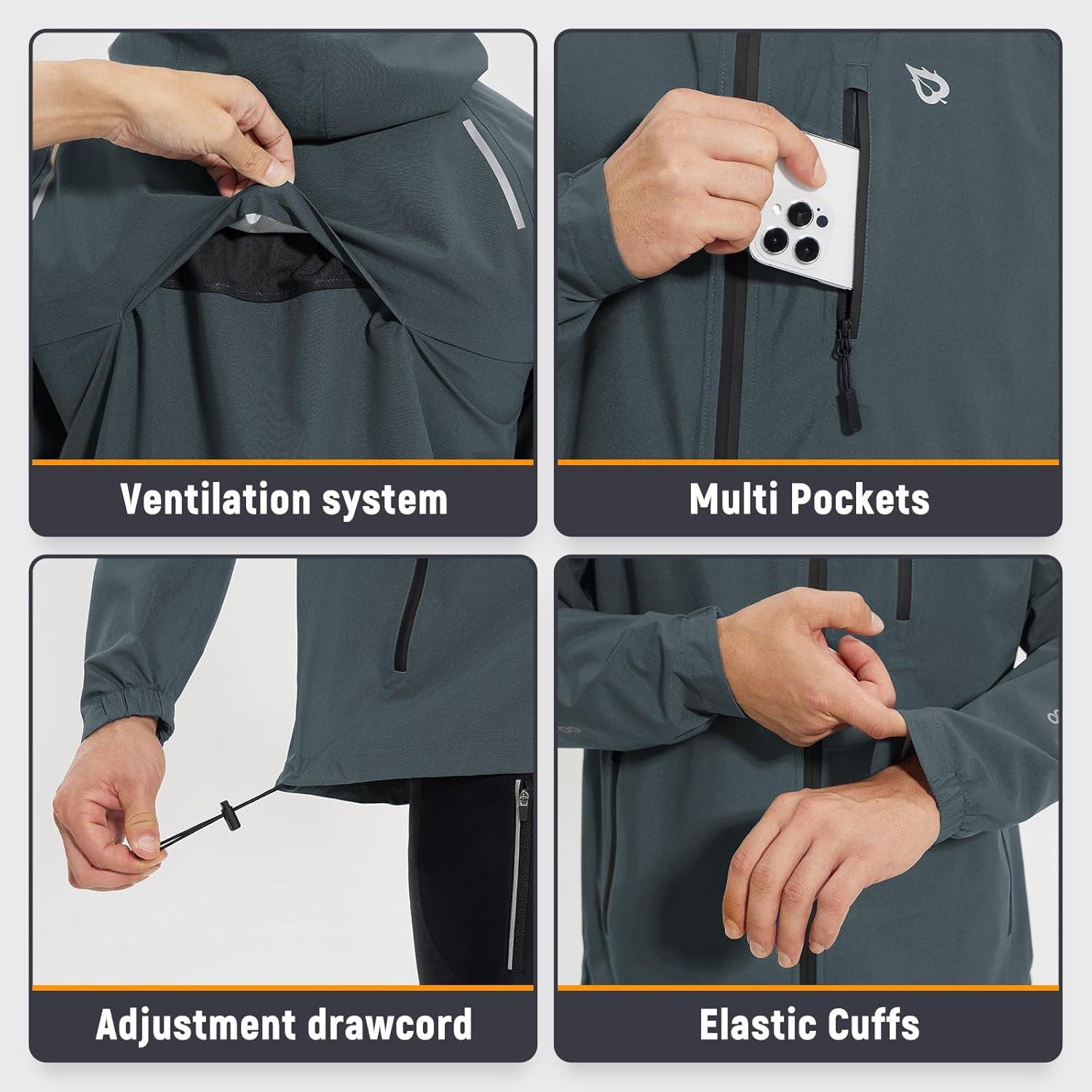 imagebaleaf Mens Rain Jacket Waterproof Windbreaker Raincoat Running Cycling Hiking Gear Hood Lightweight Reflective PackableGrey