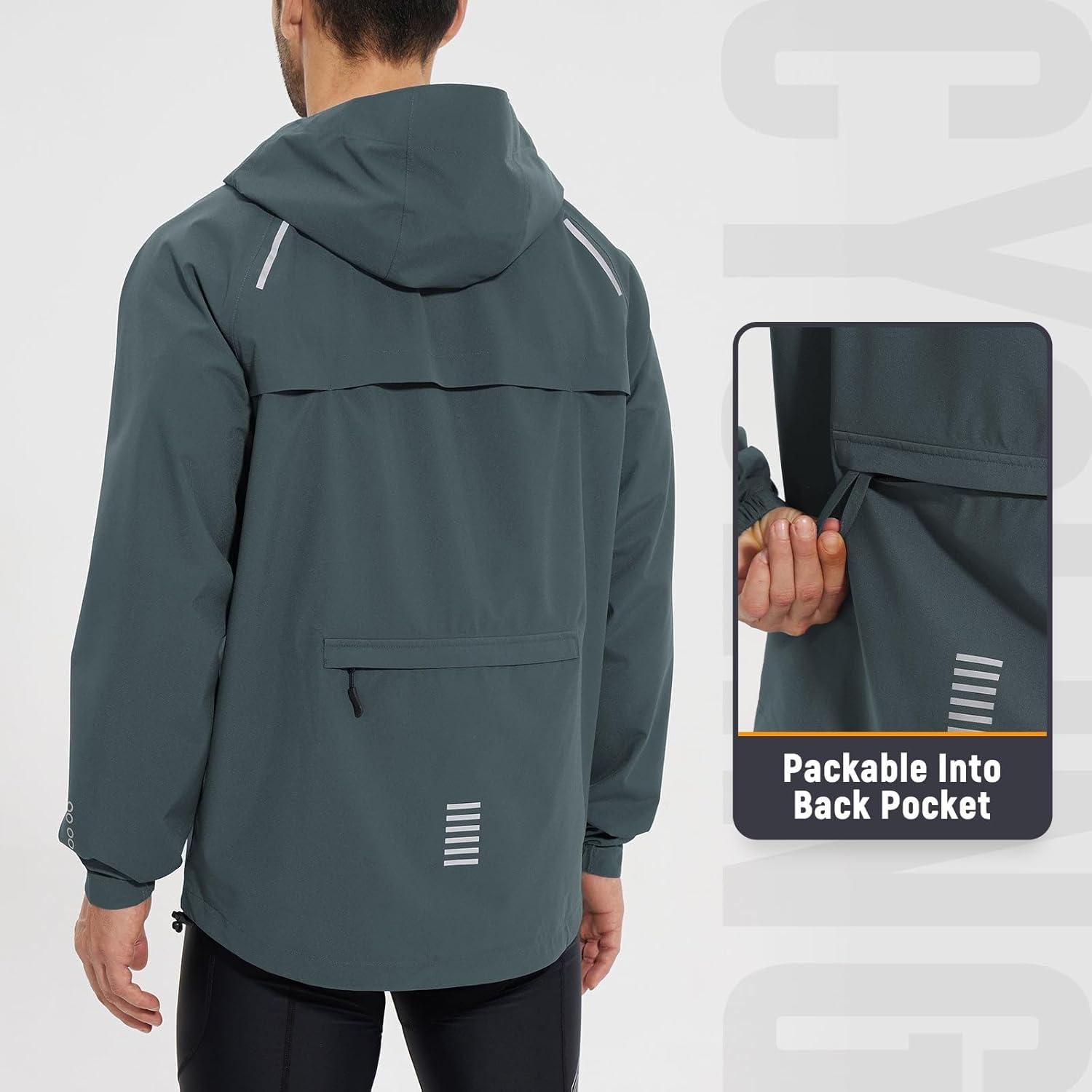 imagebaleaf Mens Rain Jacket Waterproof Windbreaker Raincoat Running Cycling Hiking Gear Hood Lightweight Reflective PackableGrey