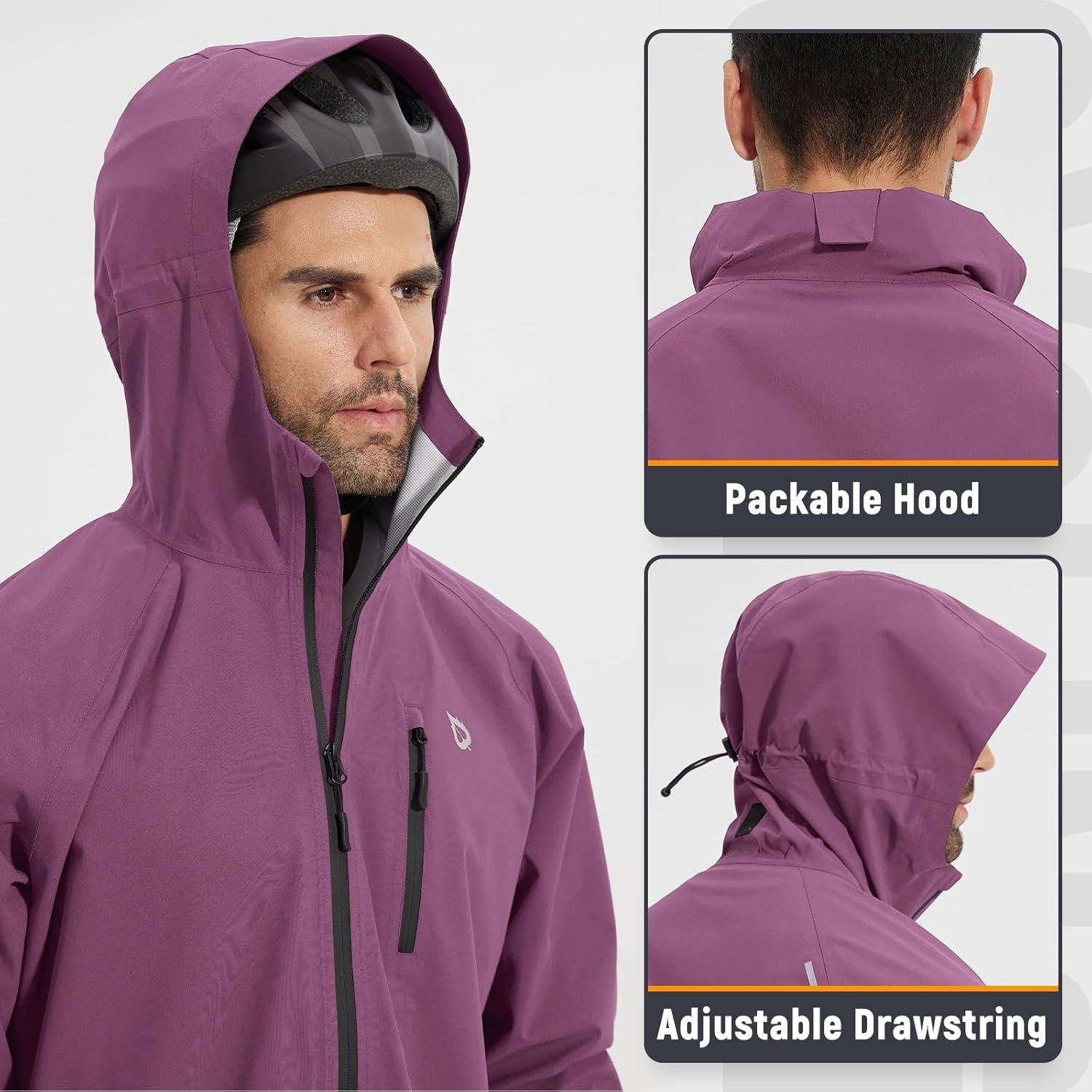 imagebaleaf Mens Rain Jacket Waterproof Windbreaker Raincoat Running Cycling Hiking Gear Hood Lightweight Reflective PackableRose Red