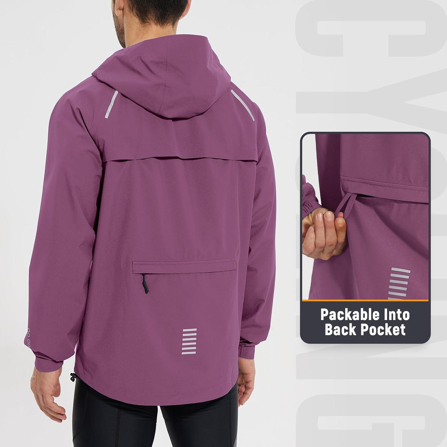 imagebaleaf Mens Rain Jacket Waterproof Windbreaker Raincoat Running Cycling Hiking Gear Hood Lightweight Reflective PackableRose Red