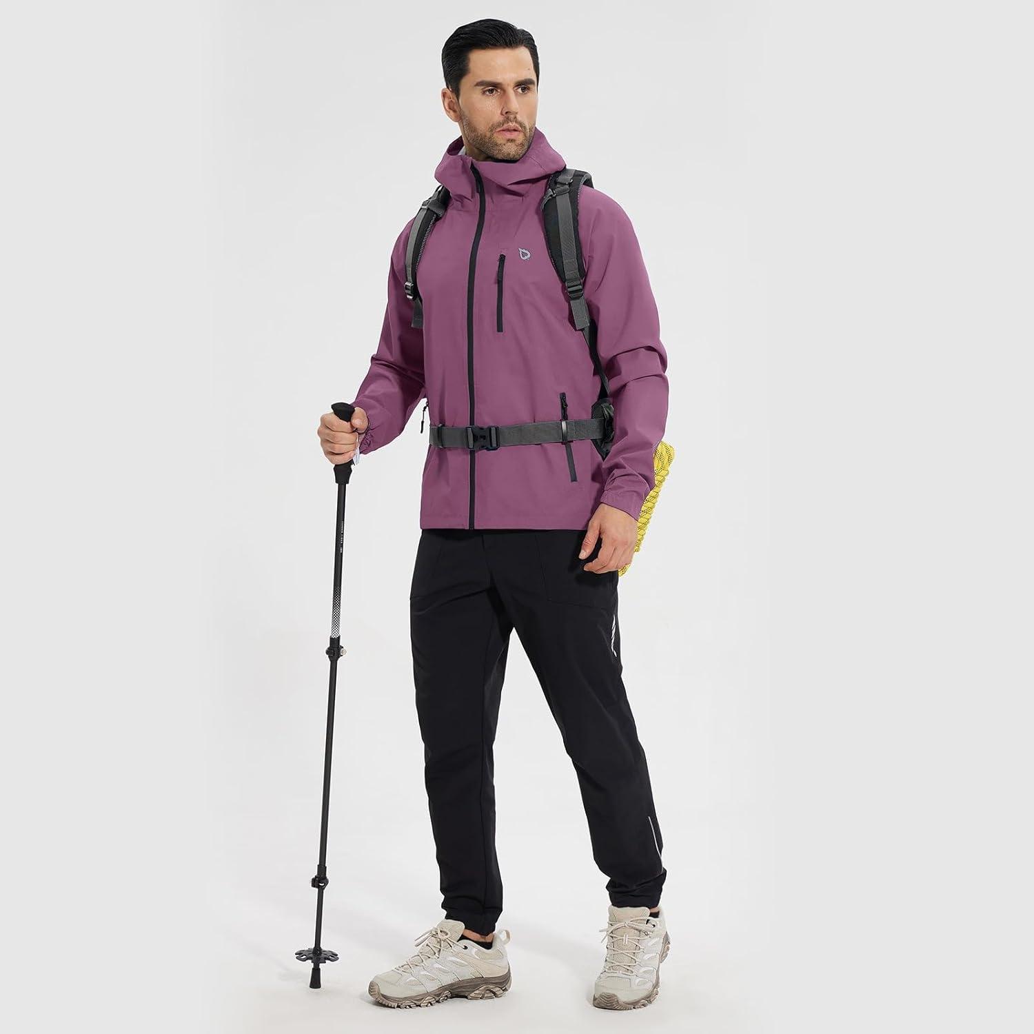 imagebaleaf Mens Rain Jacket Waterproof Windbreaker Raincoat Running Cycling Hiking Gear Hood Lightweight Reflective PackableRose Red