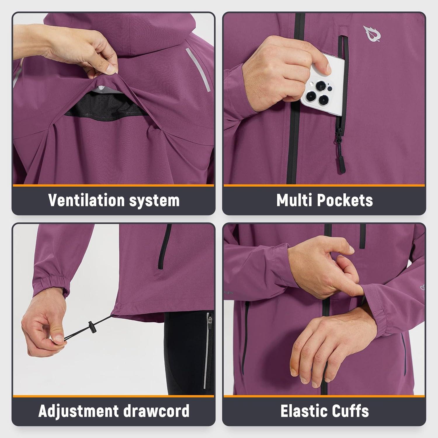 imagebaleaf Mens Rain Jacket Waterproof Windbreaker Raincoat Running Cycling Hiking Gear Hood Lightweight Reflective PackableRose Red