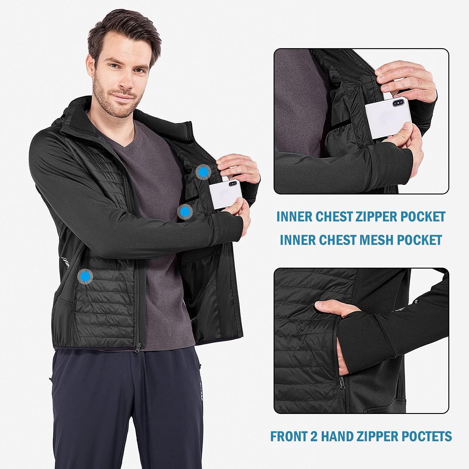 imagebaleaf Mens Running Jacket Lightweight Warm Up Puffer Jacket Hybrid Thermal Hiking Golf Insulated Coat Thumble HoleBlack