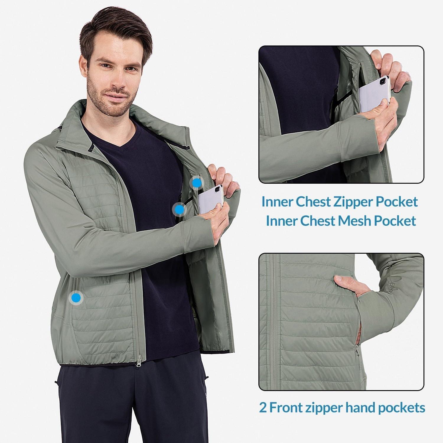 imagebaleaf Mens Running Jacket Lightweight Warm Up Puffer Jacket Hybrid Thermal Hiking Golf Insulated Coat Thumble HoleOlive