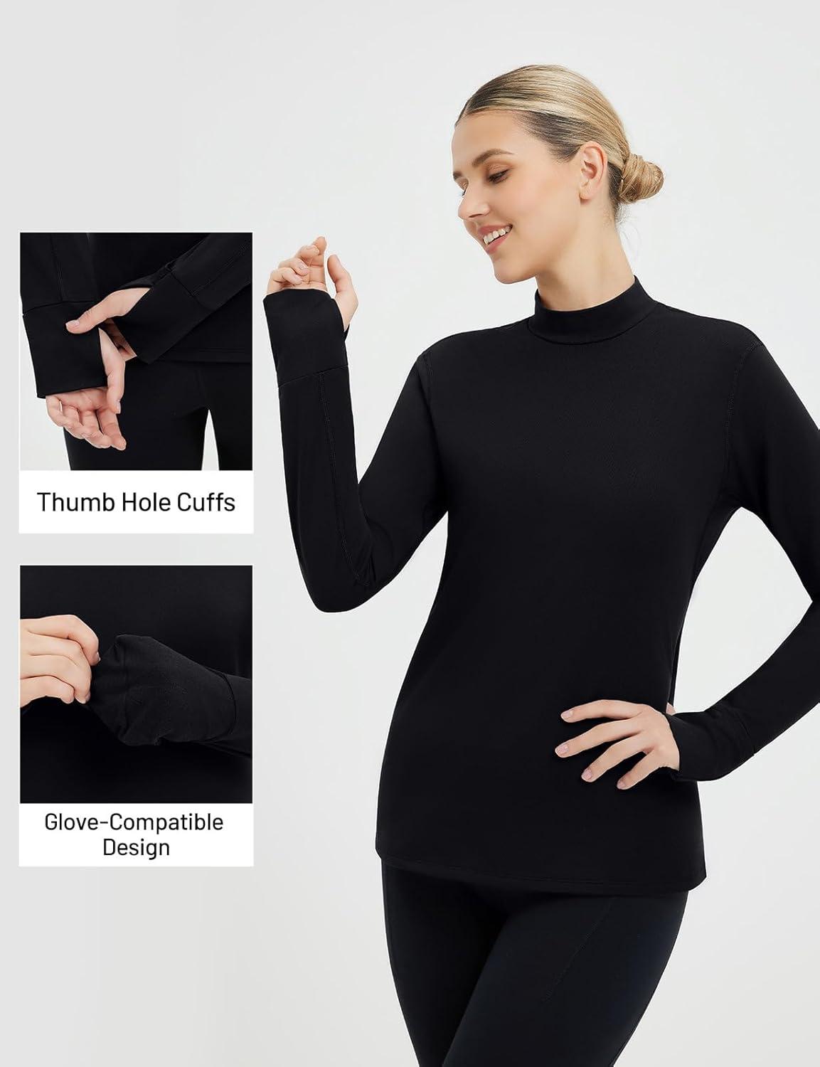 imagebaleaf Thermal Long Sleeve Shirts for Women Turtleneck Tops Fleece Lined Base Layer with Thumb Hole Cold Weather Winter GearBlack
