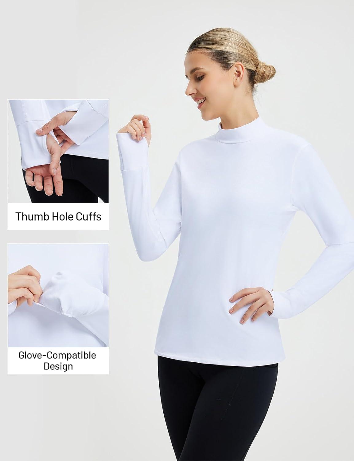 imagebaleaf Thermal Long Sleeve Shirts for Women Turtleneck Tops Fleece Lined Base Layer with Thumb Hole Cold Weather Winter GearWhite