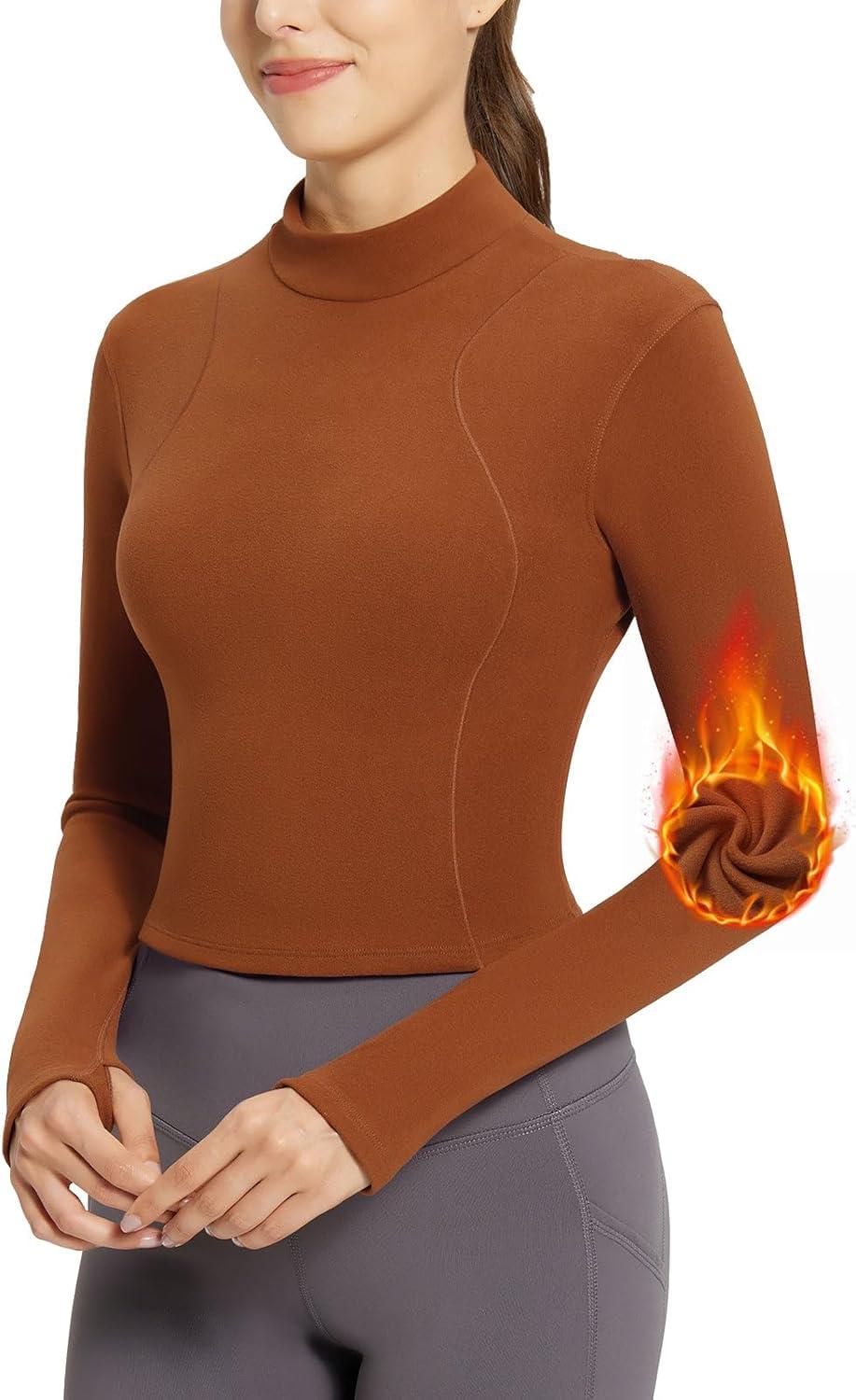 imagebaleaf Thermal Shirts for Women Long Sleeve Fleece Tops Running Workout Cold Weather Gear Compression Zipper PocketCaramel