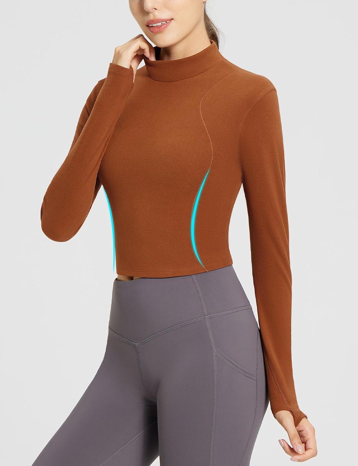imagebaleaf Thermal Shirts for Women Long Sleeve Fleece Tops Running Workout Cold Weather Gear Compression Zipper PocketCaramel
