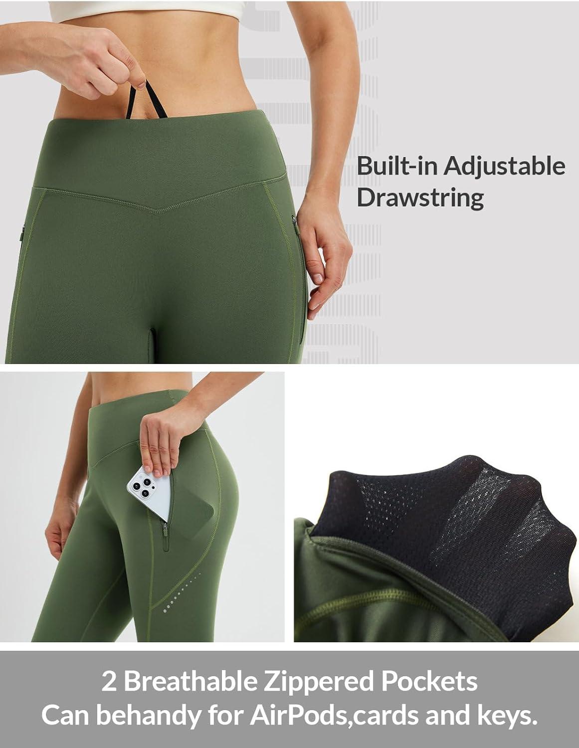 imagebaleaf Womens Cylcing Tights Fleece Lined Leggings Pockets Water Resistant Thermal Warm High Waisted Running PantsArmy Green