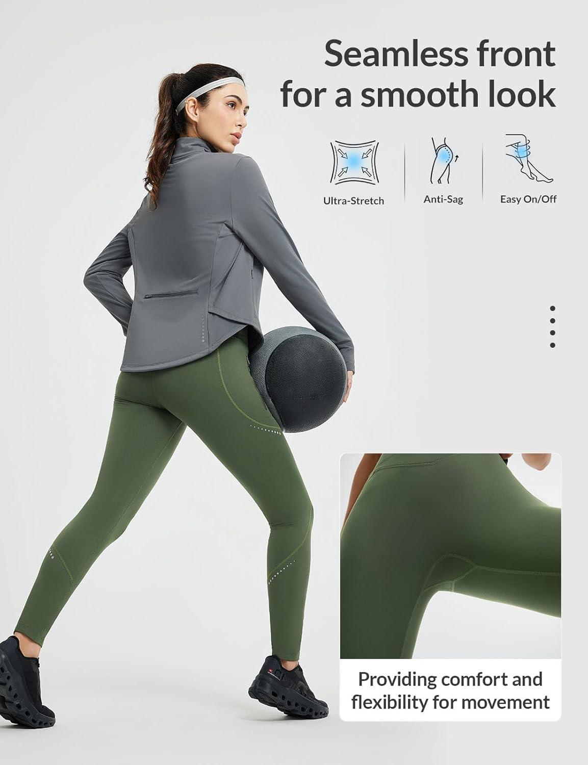 imagebaleaf Womens Cylcing Tights Fleece Lined Leggings Pockets Water Resistant Thermal Warm High Waisted Running PantsArmy Green