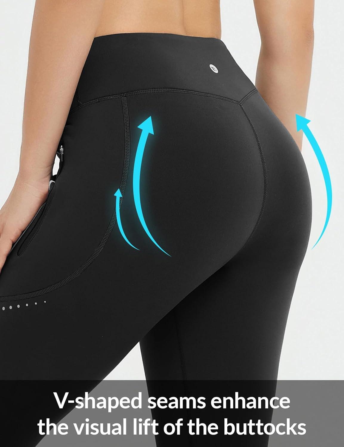 imagebaleaf Womens Cylcing Tights Fleece Lined Leggings Pockets Water Resistant Thermal Warm High Waisted Running PantsBlack