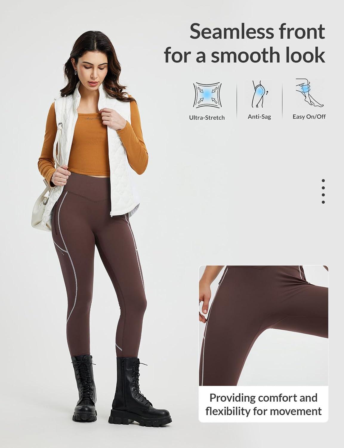 imagebaleaf Womens Cylcing Tights Fleece Lined Leggings Pockets Water Resistant Thermal Warm High Waisted Running PantsDark Brown