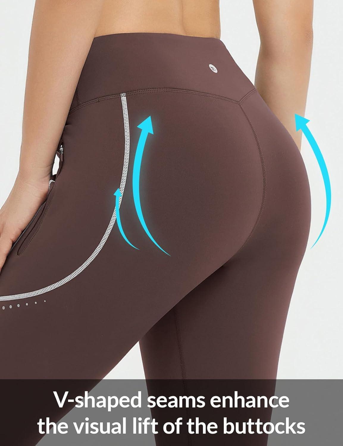 imagebaleaf Womens Cylcing Tights Fleece Lined Leggings Pockets Water Resistant Thermal Warm High Waisted Running PantsDark Brown