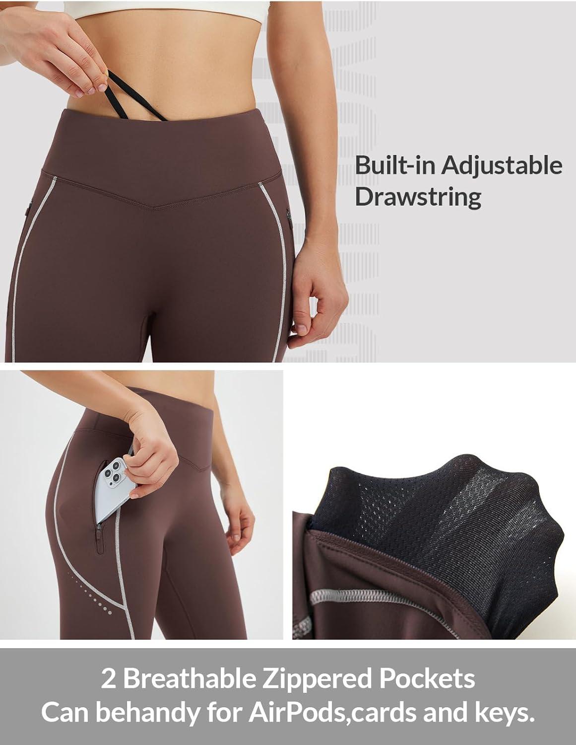 imagebaleaf Womens Cylcing Tights Fleece Lined Leggings Pockets Water Resistant Thermal Warm High Waisted Running PantsDark Brown