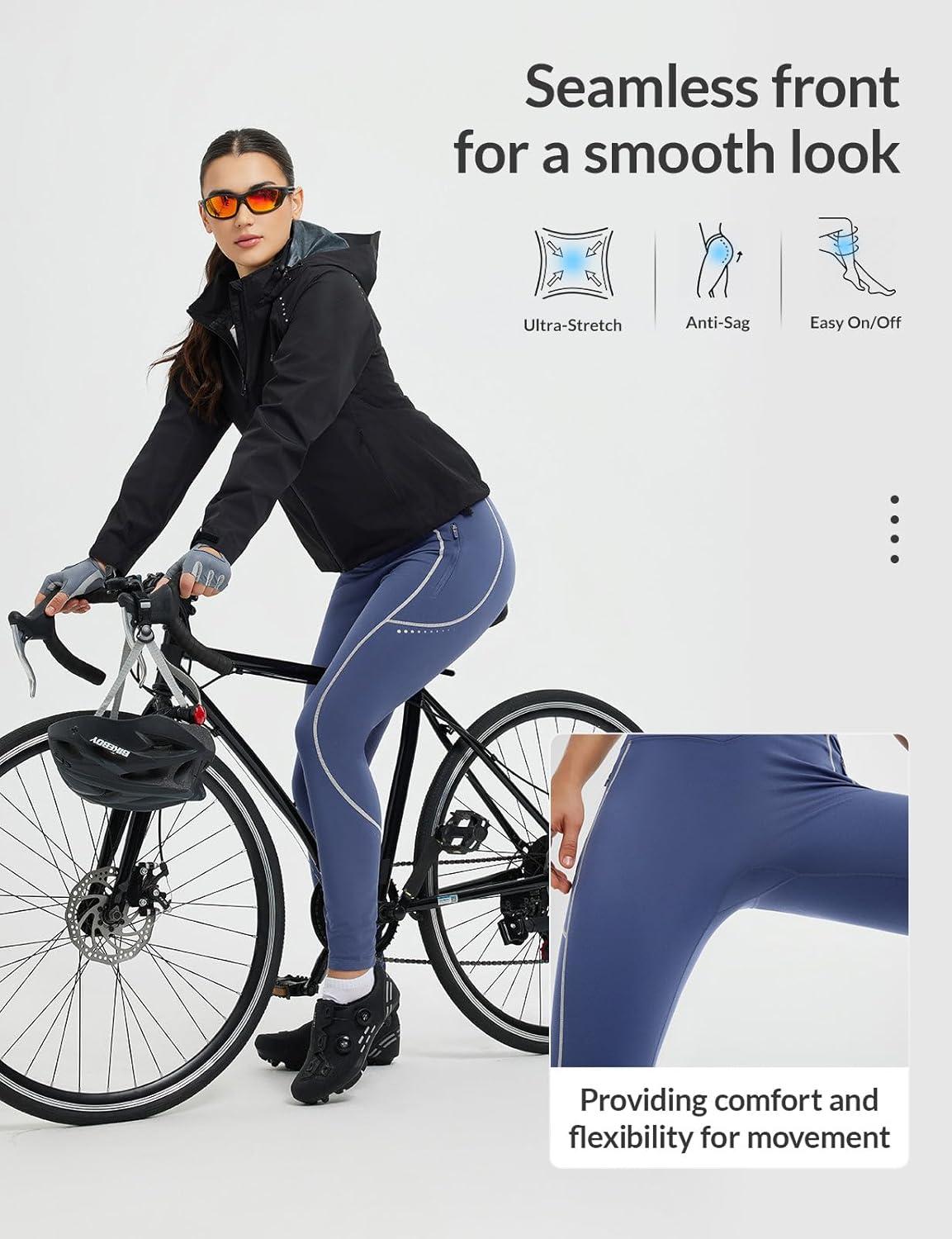 imagebaleaf Womens Cylcing Tights Fleece Lined Leggings Pockets Water Resistant Thermal Warm High Waisted Running PantsNavy Blue