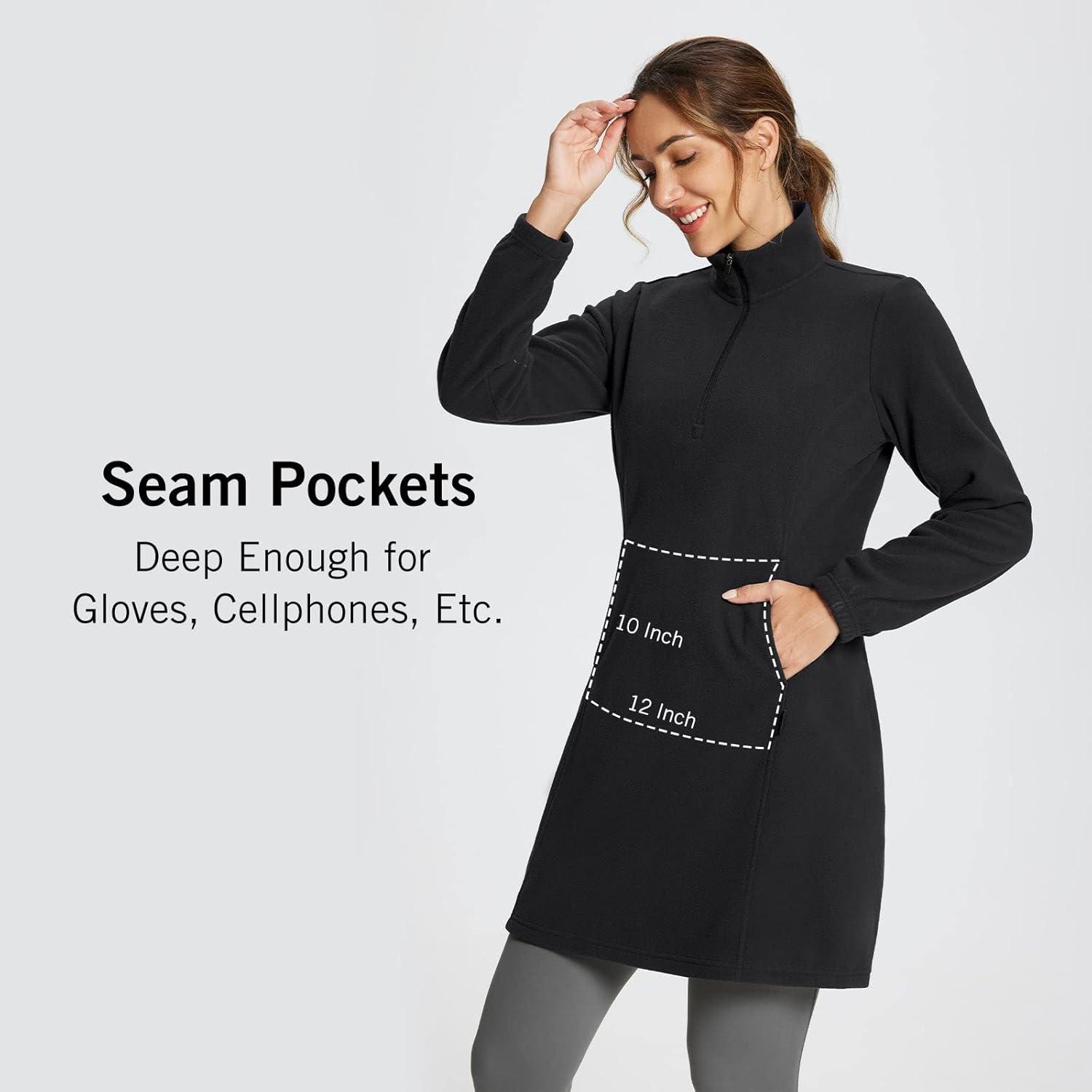 imagebaleaf Womens Fleece Dress Sweatshirt Long Tunic Quarter Zip Pullover Polar Winter Warm Thermal Dress with Pocket OutdoorBlack