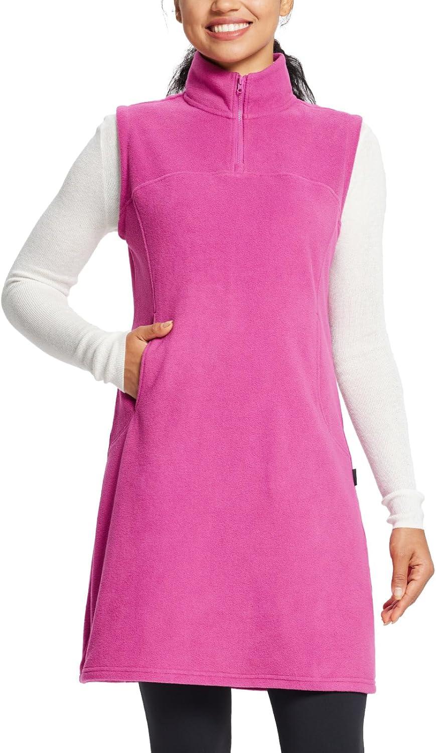 imagebaleaf Womens Fleece Dress Sweatshirt Long Tunic Quarter Zip Pullover Polar Winter Warm Thermal Dress with Pocket OutdoorPink