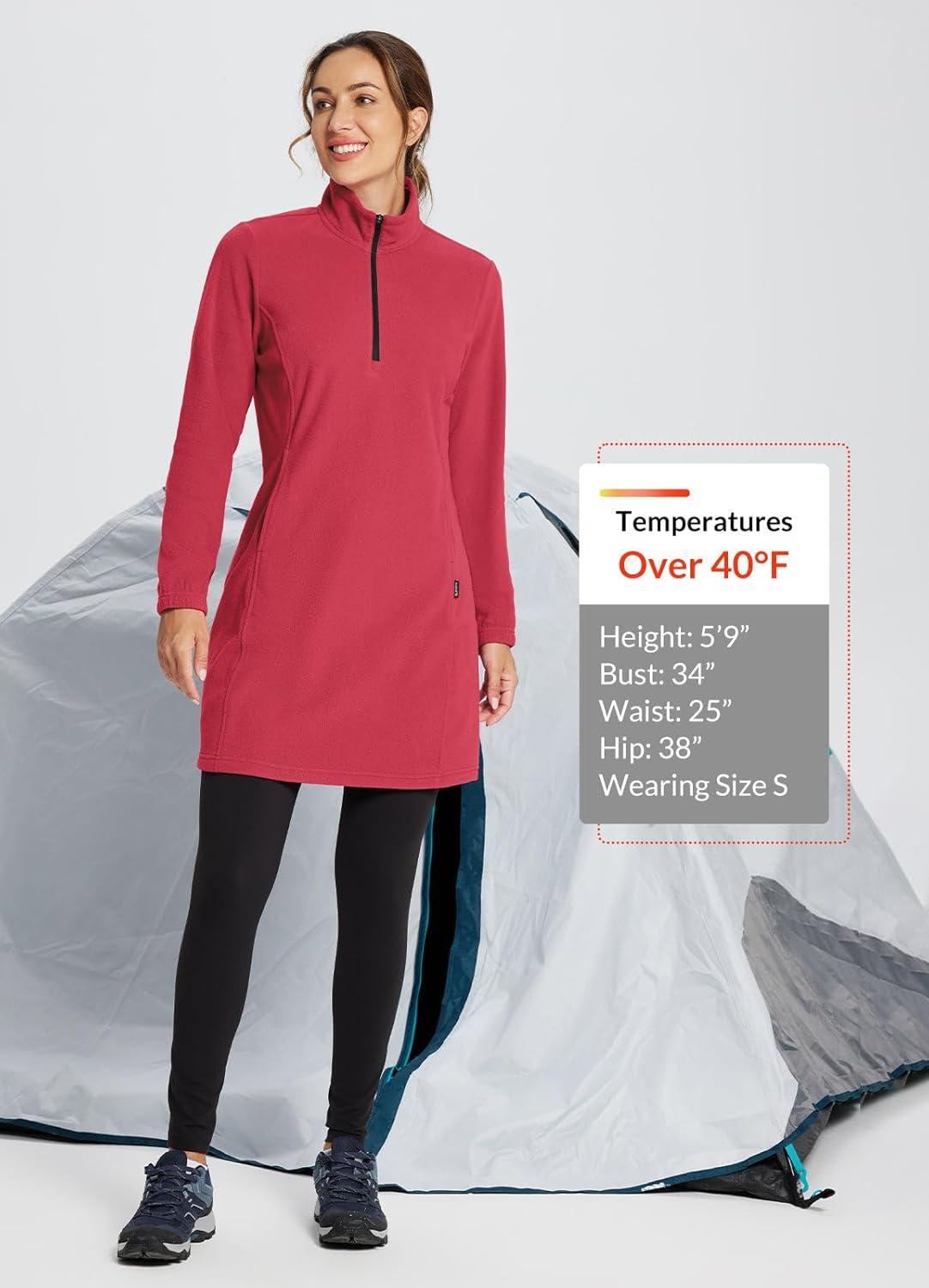 imagebaleaf Womens Fleece Dress Sweatshirt Long Tunic Quarter Zip Pullover Polar Winter Warm Thermal Dress with Pocket OutdoorRed