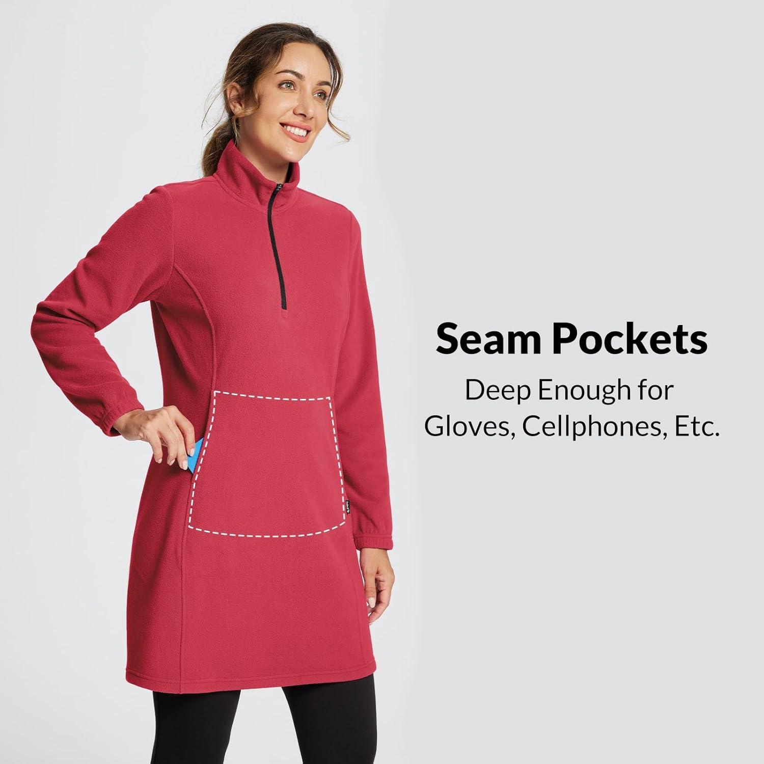 imagebaleaf Womens Fleece Dress Sweatshirt Long Tunic Quarter Zip Pullover Polar Winter Warm Thermal Dress with Pocket OutdoorRed