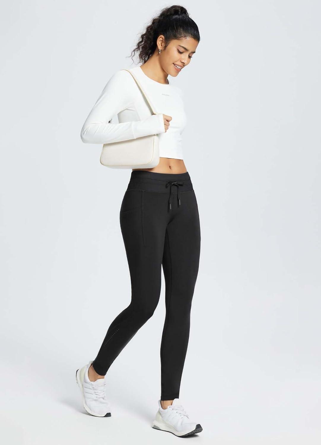 imagebaleaf Womens Fleece Lined Leggings Water Resistant High Waisted Thermal Warm Winter Tights Ski Hiking Pants with PocketsBlack