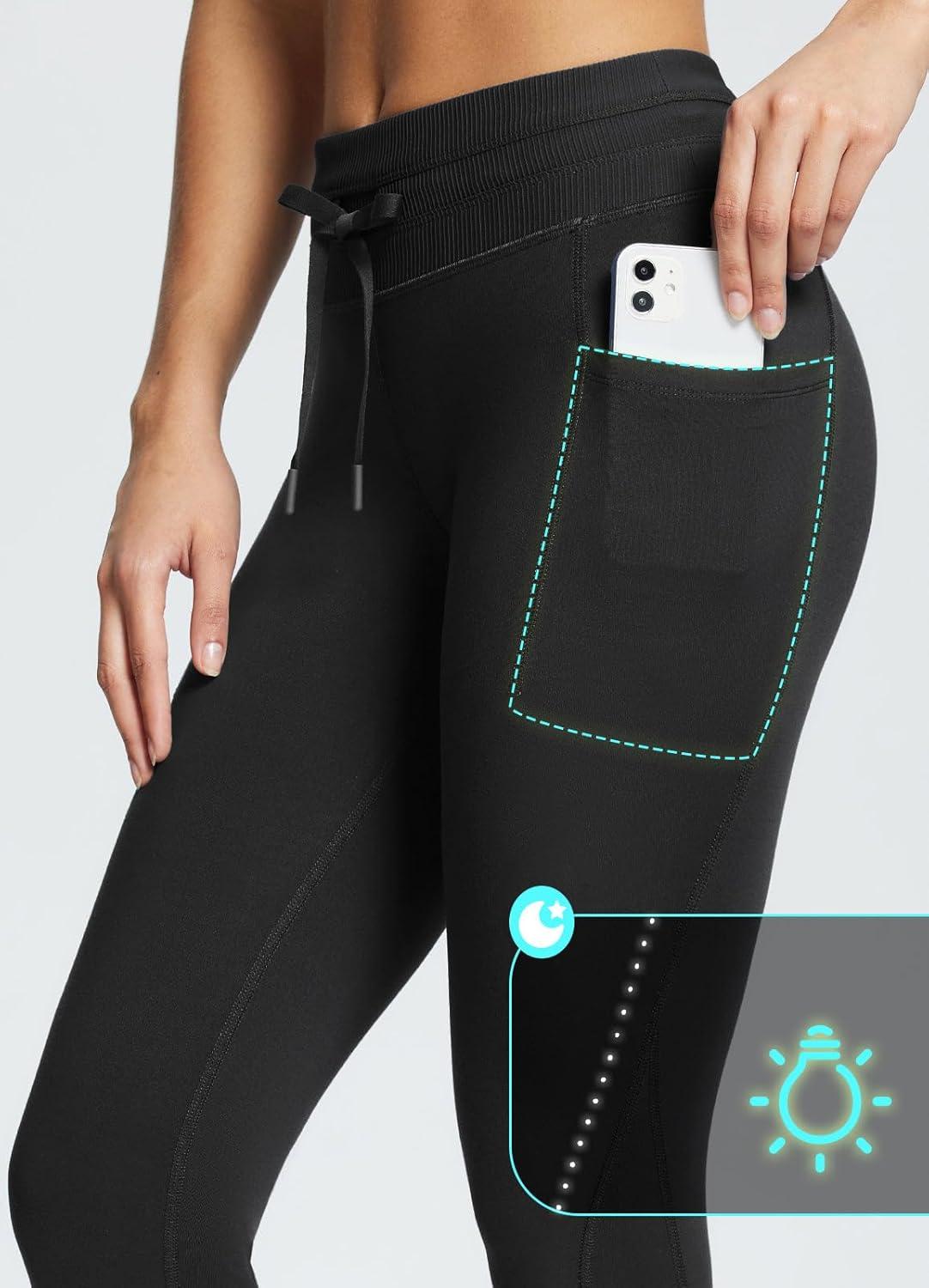 imagebaleaf Womens Fleece Lined Leggings Water Resistant High Waisted Thermal Warm Winter Tights Ski Hiking Pants with PocketsBlack