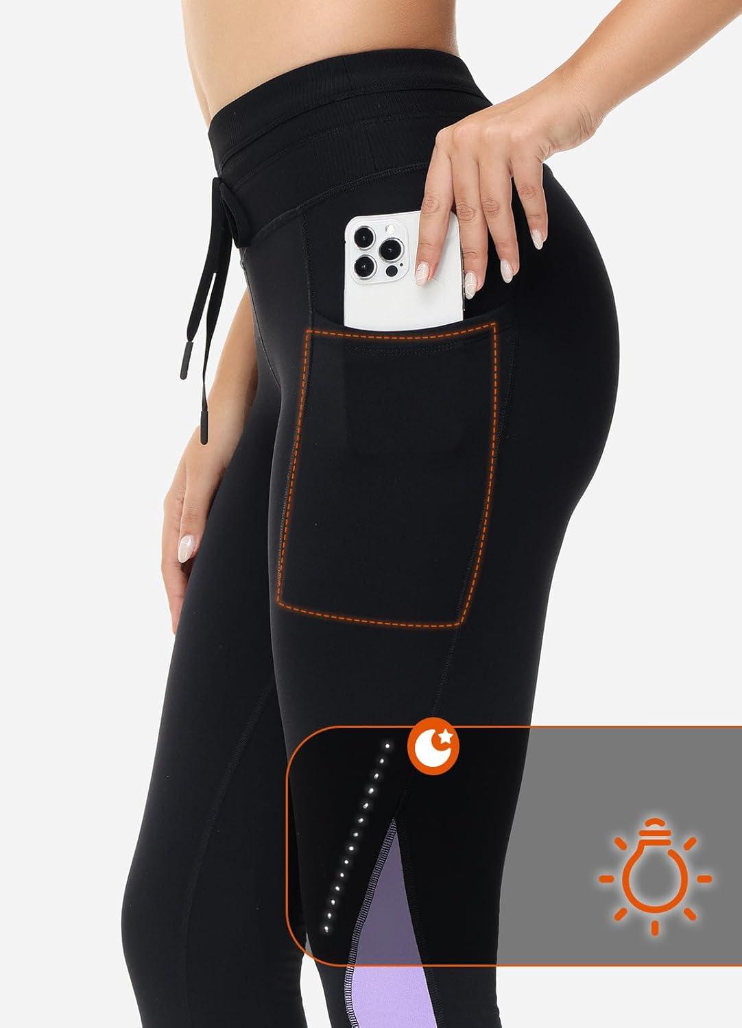 imagebaleaf Womens Fleece Lined Leggings Water Resistant High Waisted Thermal Warm Winter Tights Ski Hiking Pants with PocketsBlackPurple