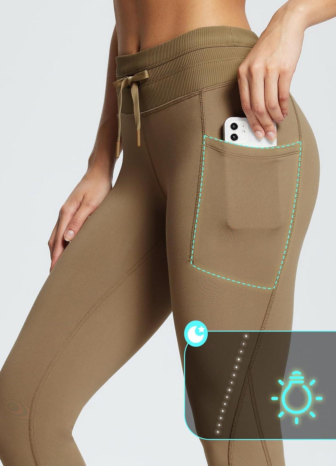 imagebaleaf Womens Fleece Lined Leggings Water Resistant High Waisted Thermal Warm Winter Tights Ski Hiking Pants with PocketsBrown