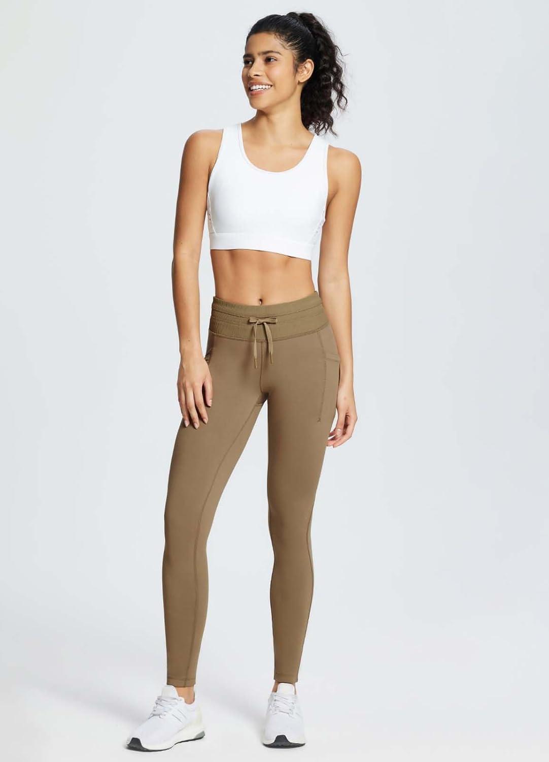 imagebaleaf Womens Fleece Lined Leggings Water Resistant High Waisted Thermal Warm Winter Tights Ski Hiking Pants with PocketsBrown