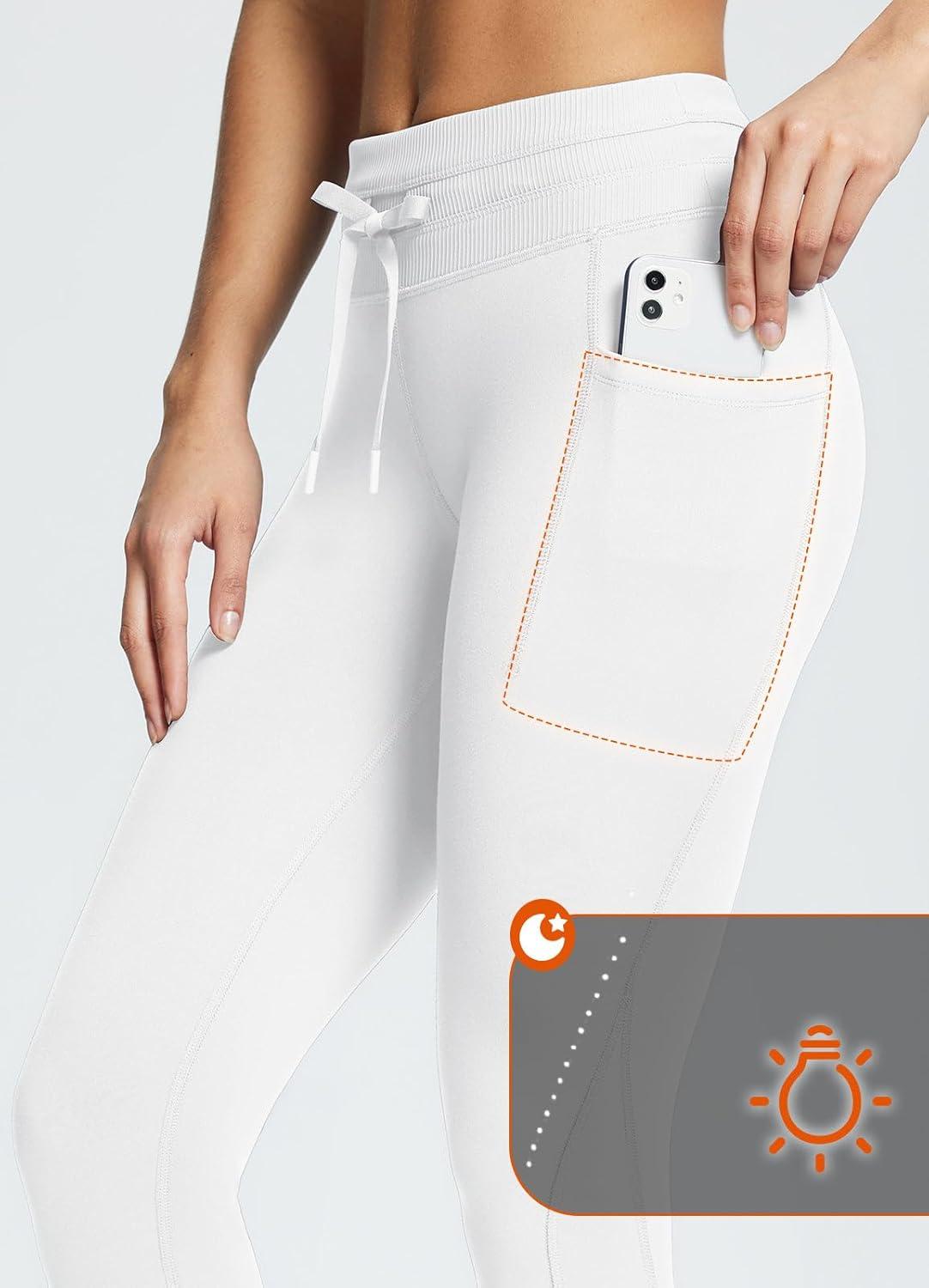 imagebaleaf Womens Fleece Lined Leggings Water Resistant High Waisted Thermal Warm Winter Tights Ski Hiking Pants with PocketsWhite