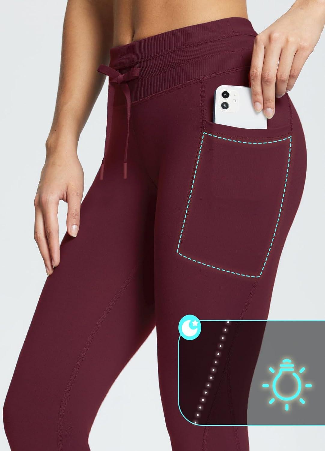 imagebaleaf Womens Fleece Lined Leggings Water Resistant High Waisted Thermal Warm Winter Tights Ski Hiking Pants with PocketsWine Red