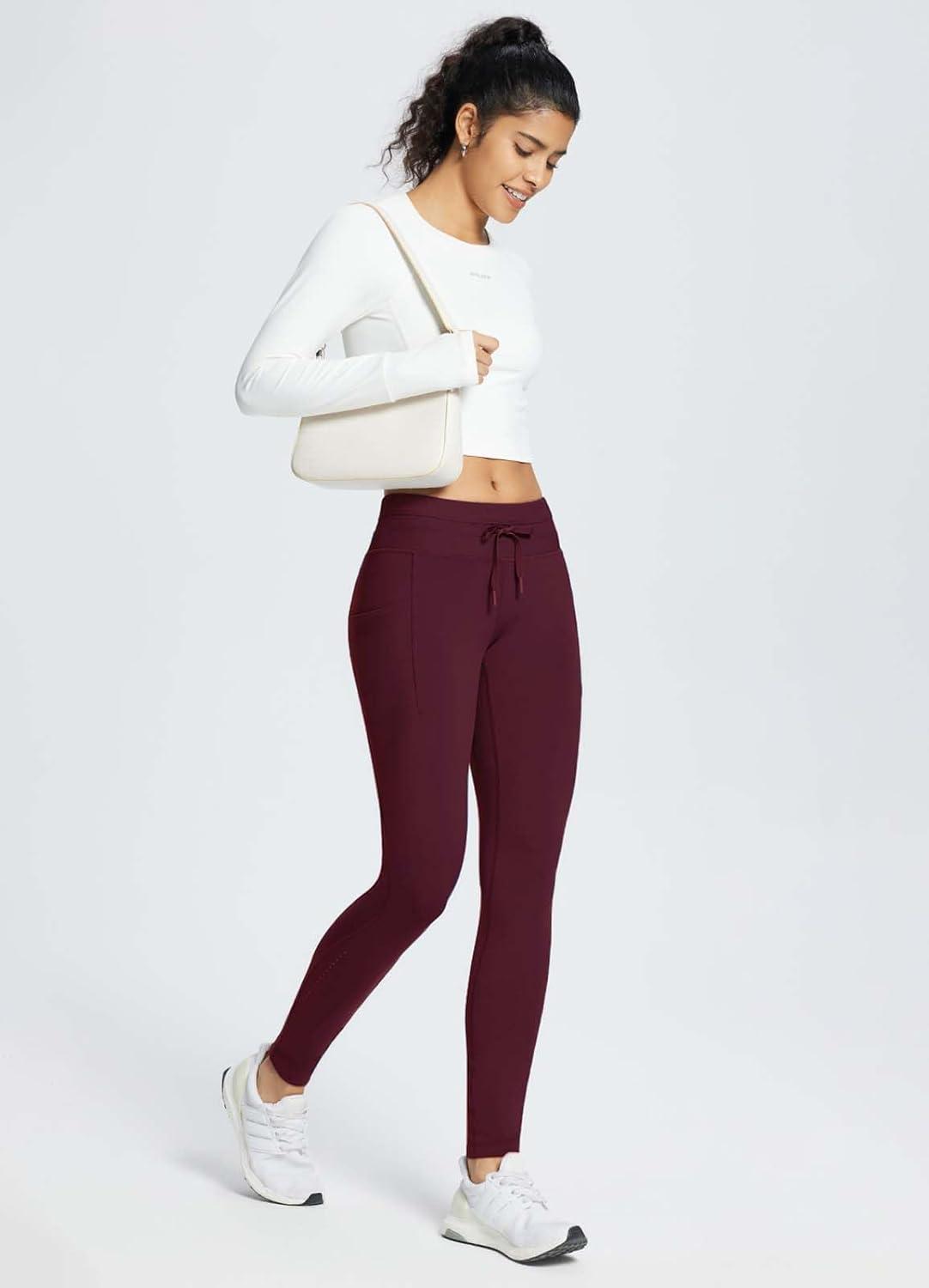 imagebaleaf Womens Fleece Lined Leggings Water Resistant High Waisted Thermal Warm Winter Tights Ski Hiking Pants with PocketsWine Red