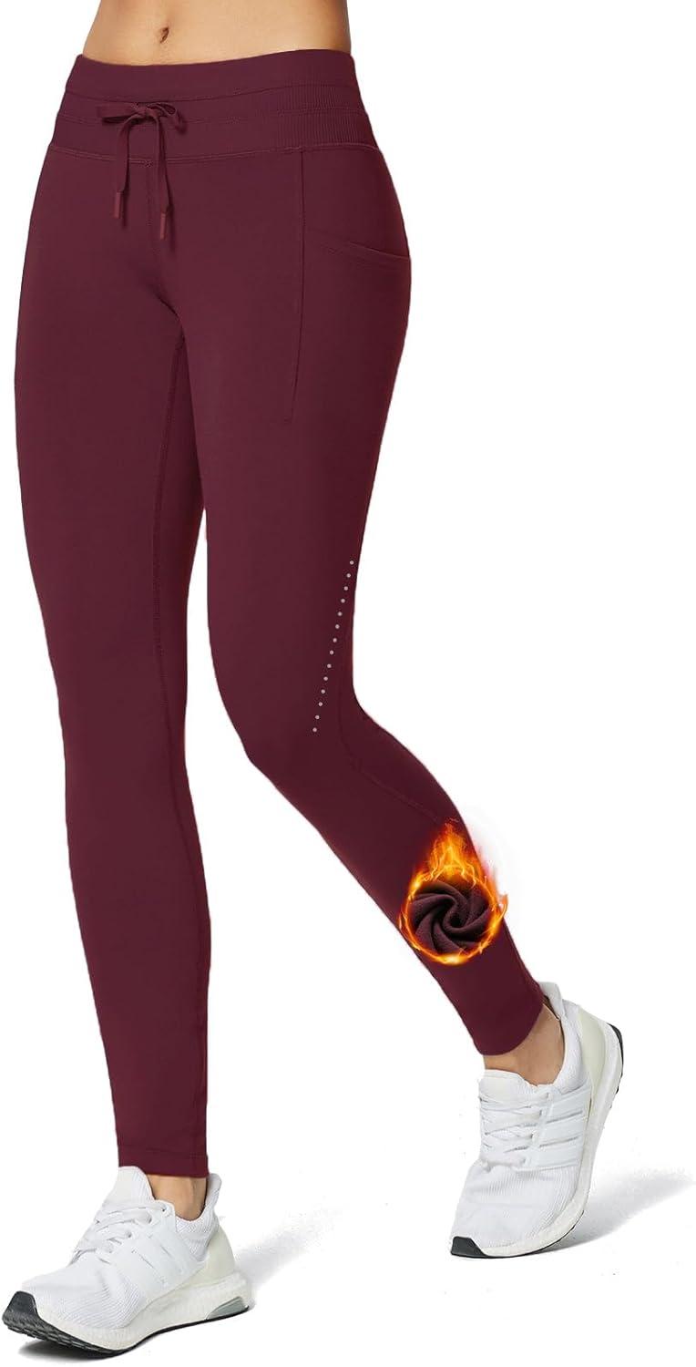 imagebaleaf Womens Fleece Lined Leggings Water Resistant High Waisted Thermal Warm Winter Tights Ski Hiking Pants with PocketsWine Red