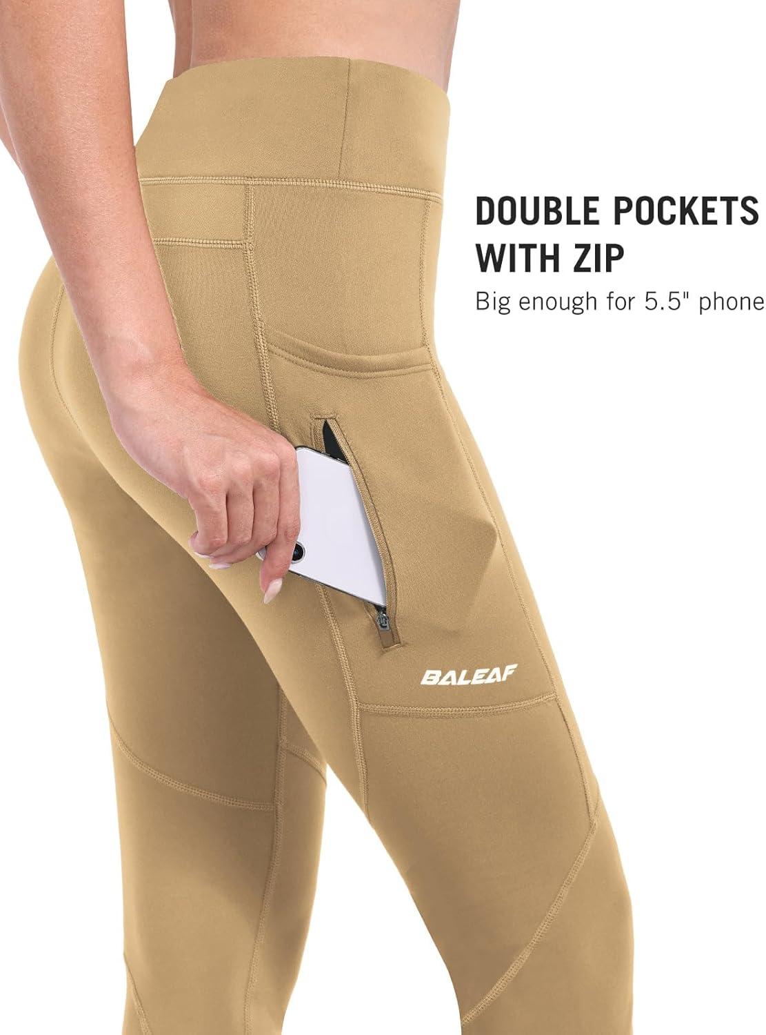 imagebaleaf Womens Fleece Lined Leggings Water Resistant Winter Clothes Running Tights Cold Weather Hiking Pants Zip PocketsAbrown