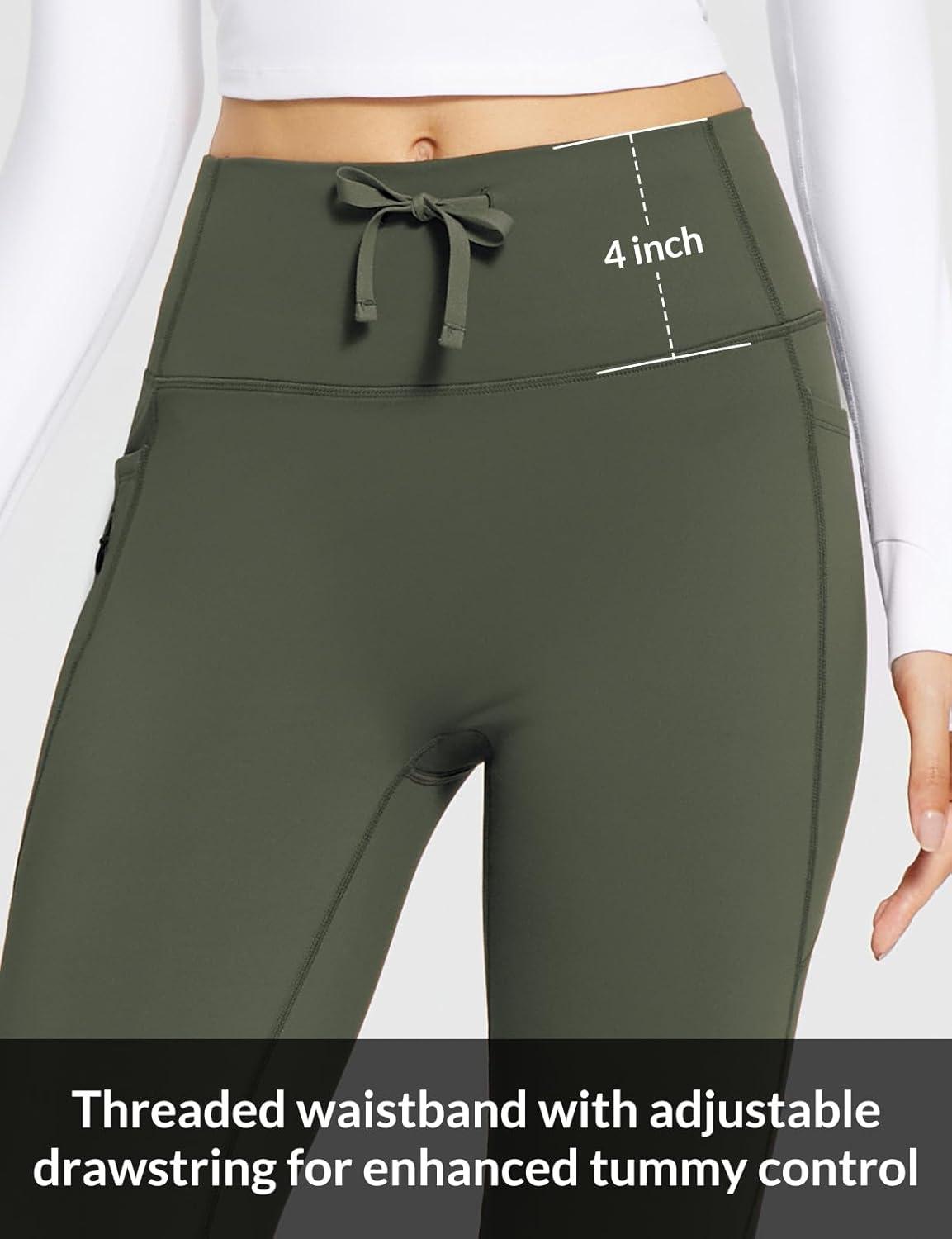 imagebaleaf Womens Fleece Lined Pants Winter Thermal Warm Hiking Yoga Pants with Zipper Pockets Bootcut High Waist Flare LeggingsArmy Green