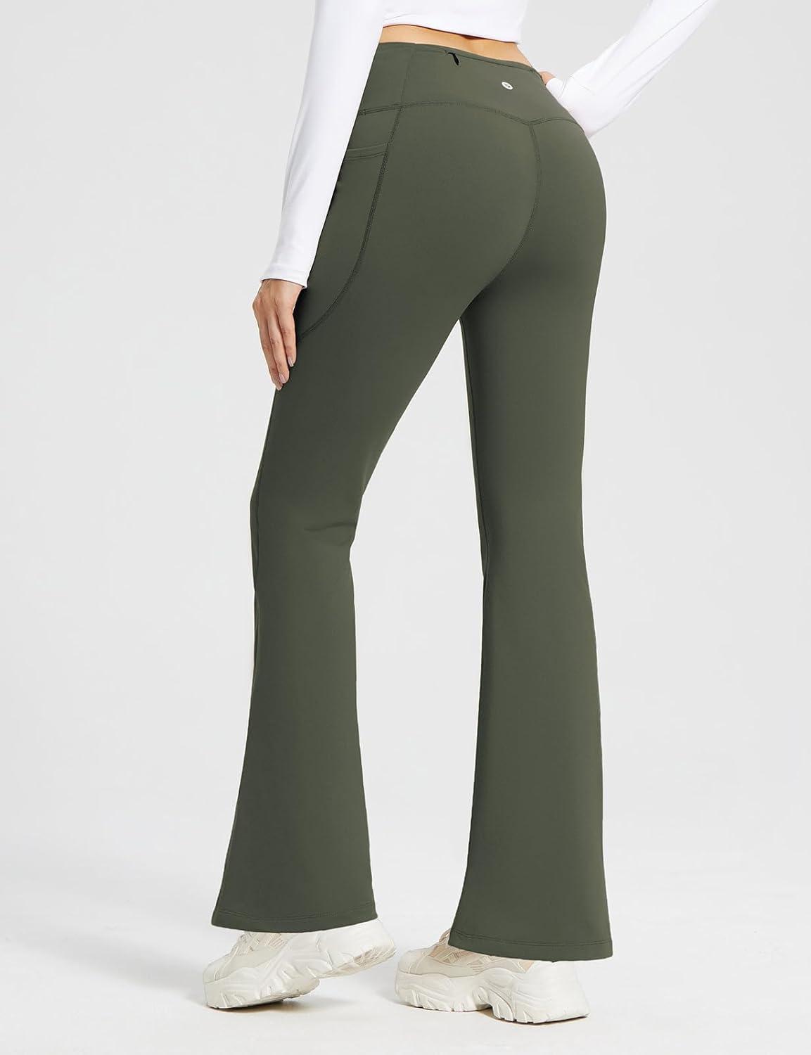 imagebaleaf Womens Fleece Lined Pants Winter Thermal Warm Hiking Yoga Pants with Zipper Pockets Bootcut High Waist Flare LeggingsArmy Green