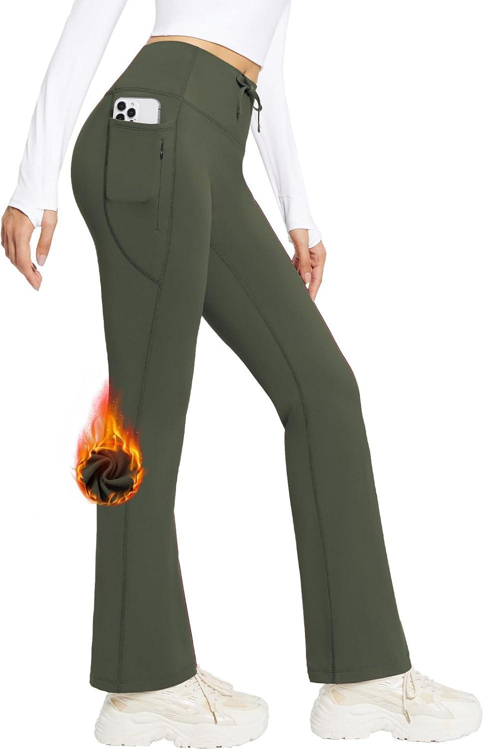imagebaleaf Womens Fleece Lined Pants Winter Thermal Warm Hiking Yoga Pants with Zipper Pockets Bootcut High Waist Flare LeggingsArmy Green