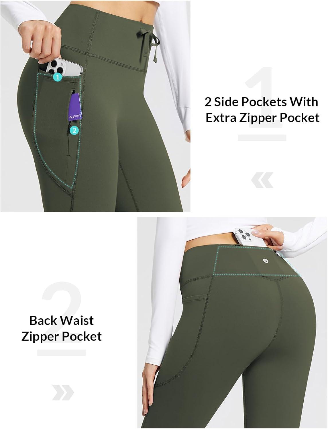 imagebaleaf Womens Fleece Lined Pants Winter Thermal Warm Hiking Yoga Pants with Zipper Pockets Bootcut High Waist Flare LeggingsArmy Green