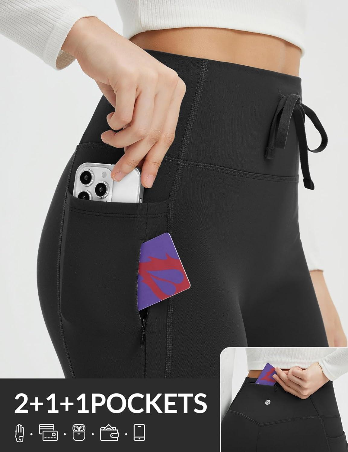 imagebaleaf Womens Fleece Lined Pants Winter Thermal Warm Hiking Yoga Pants with Zipper Pockets Bootcut High Waist Flare LeggingsBlack